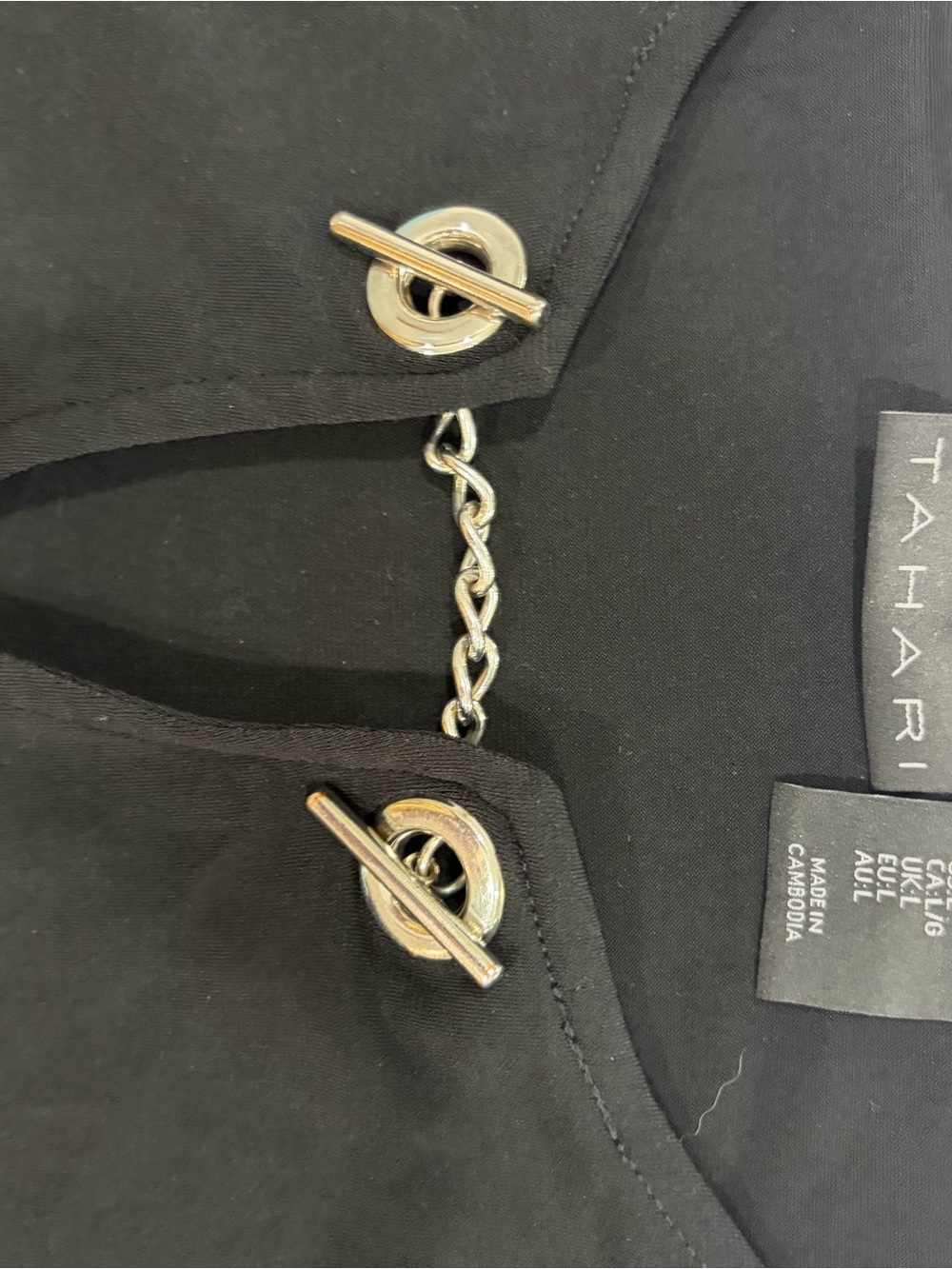 Tahari Black Dress with Silver Chain Toggle Detail